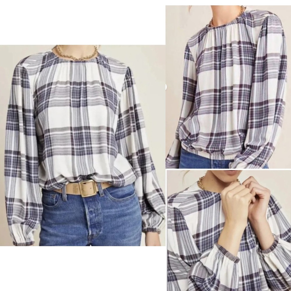 Cloth & Stone Plaid Blouse Anthropologie Glacier Style Soft Rayon Top XS